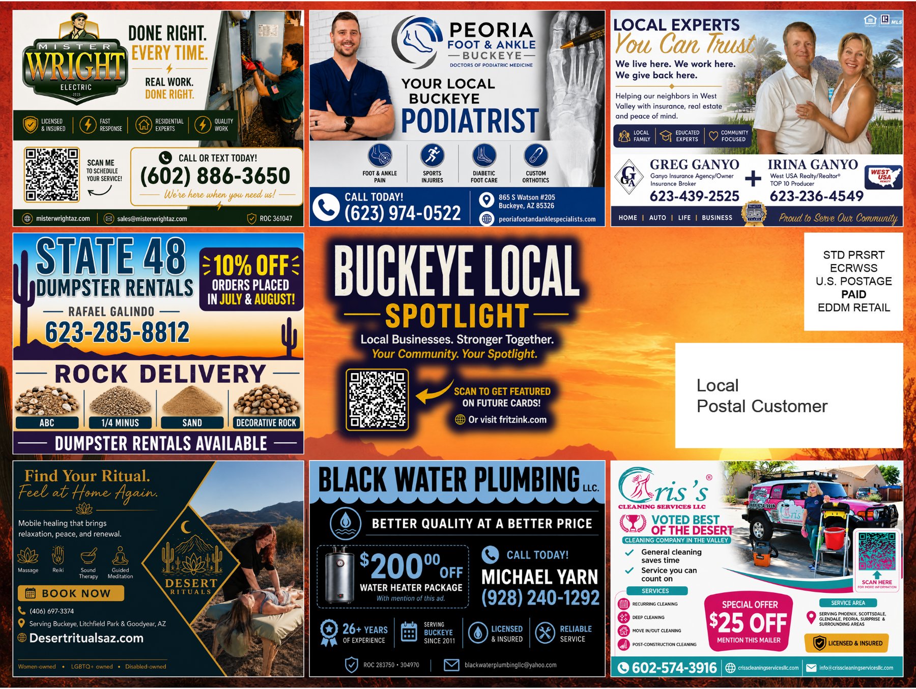 Buckeye Local Spotlight community card featuring local Buckeye businesses — shared direct mail postcard
